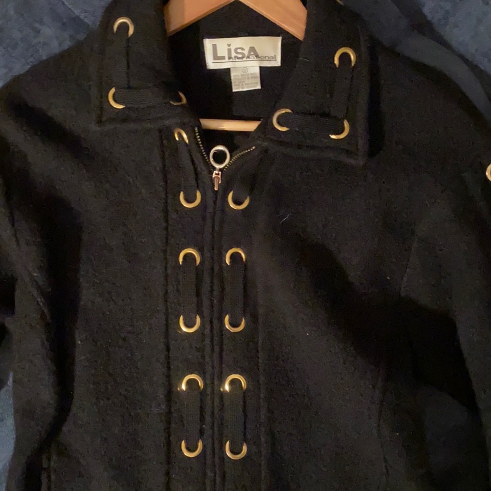 Zip up Lisa international  black wool sweater with gold details